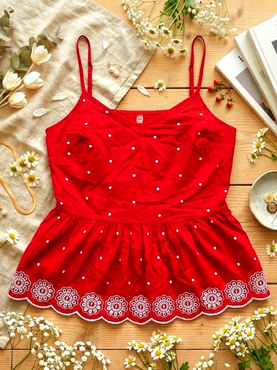 Arizona Jean Company Tops - Red Polka Dot Peplum Cami Top with Elegant Embroidered Scalloped Eyelet Hemline